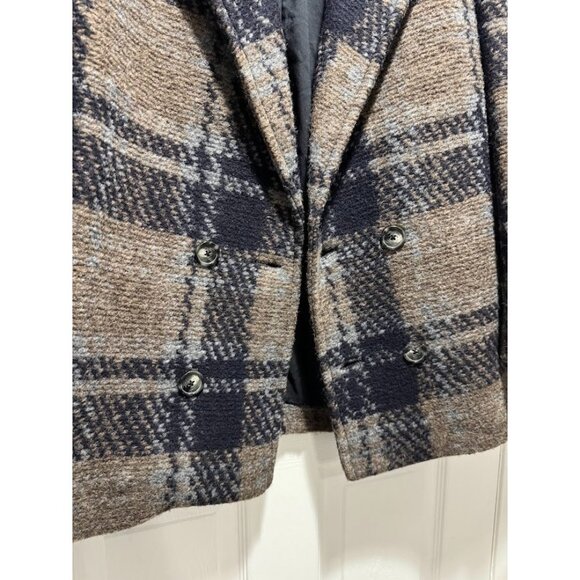 Zara Women's Large Wool Blend Pea Coat Blue Brown Plaid Academia Preppy Career - Picture 3 of 11